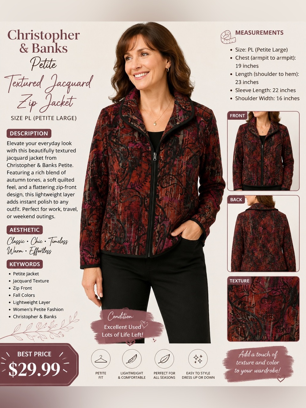 Christopher & Banks Multicolor Textured Zip-Front Bomber Jacket